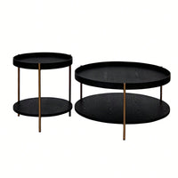 Modern 2-Tier Round Nesting Coffee Table Set For Living Room Easy Assembly Black MDF Side Tables For Bedroom Office Balcony Yard
