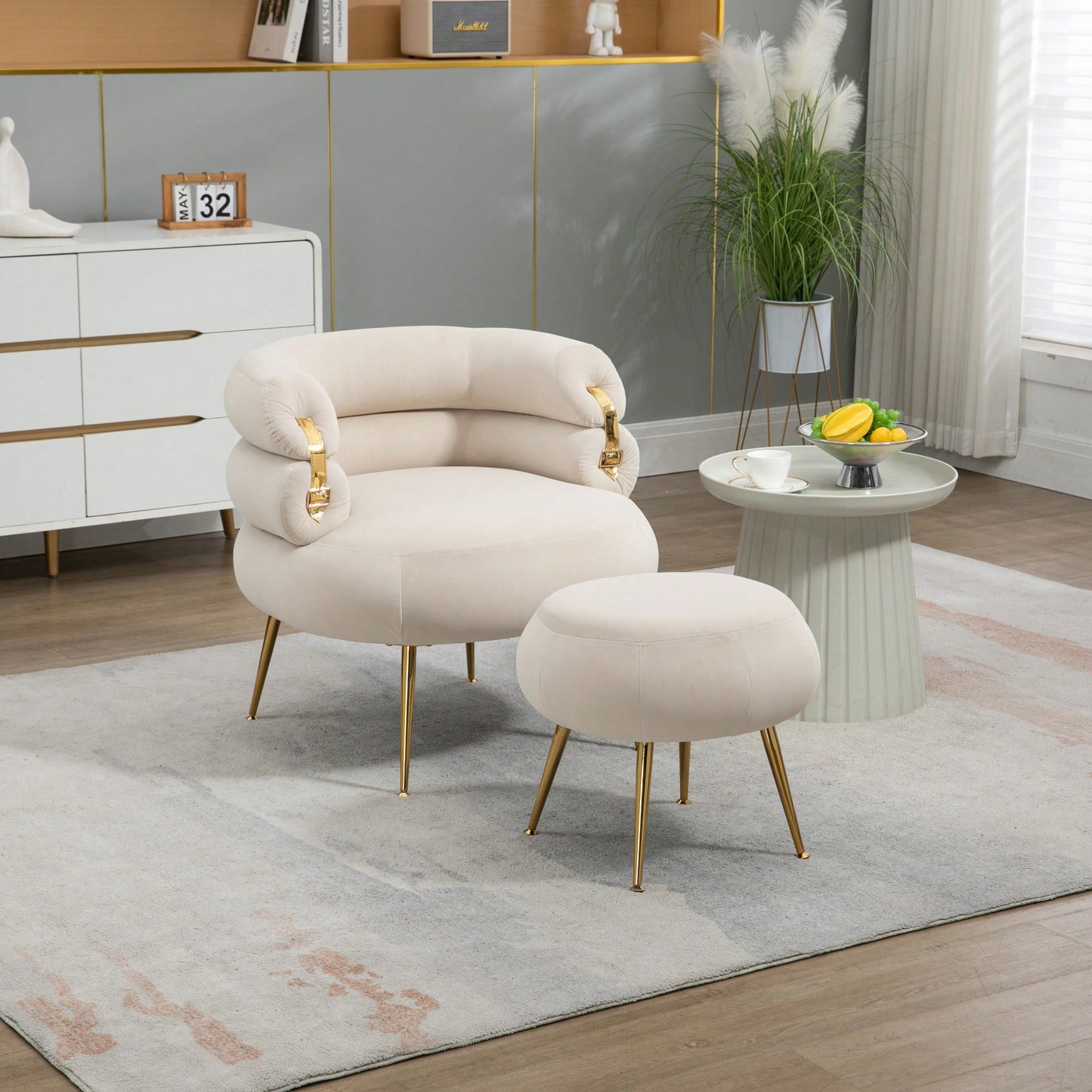 Upholstered Velvet Barrel Accent Chair With Ottoman Footrest Set For Bedroom And Office Lounge Seating Beige