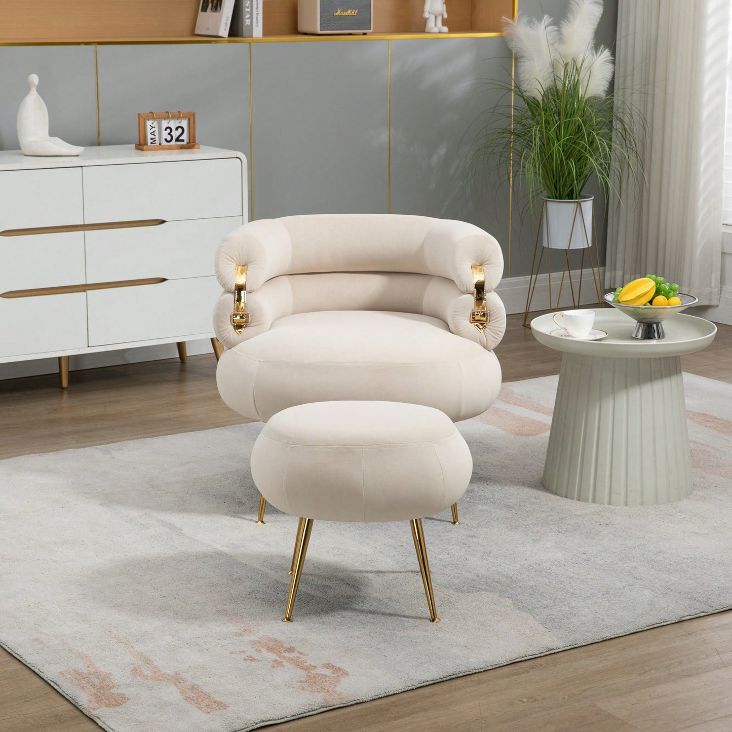 Upholstered Velvet Barrel Accent Chair With Ottoman Footrest Set For Bedroom And Office Lounge Seating Beige