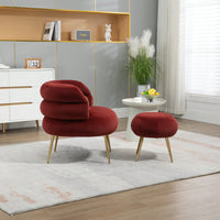 Upholstered Velvet Barrel Accent Chair With Ottoman Footrest Set For Bedroom And Office Lounge Seating Beige