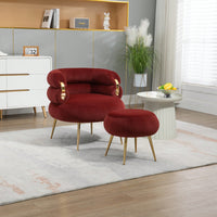 Upholstered Velvet Barrel Accent Chair With Ottoman Footrest Set For Bedroom And Office Lounge Seating Beige