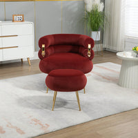 Upholstered Velvet Barrel Accent Chair With Ottoman Footrest Set For Bedroom And Office Lounge Seating Beige