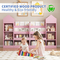 Wooden Kids Bookshelf And Toy Storage Organizer With 6 Compartments And Baskets For Books And Toys