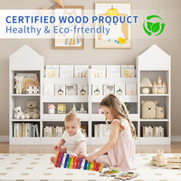 Wooden Kids Bookshelf And Toy Storage Organizer With 6 Compartments And Baskets For Books And Toys