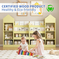 Wooden Kids Bookshelf And Toy Storage Organizer With 6 Compartments And Baskets For Books And Toys