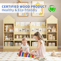 Wooden Kids Bookshelf And Toy Storage Organizer With 6 Compartments And Baskets For Books And Toys