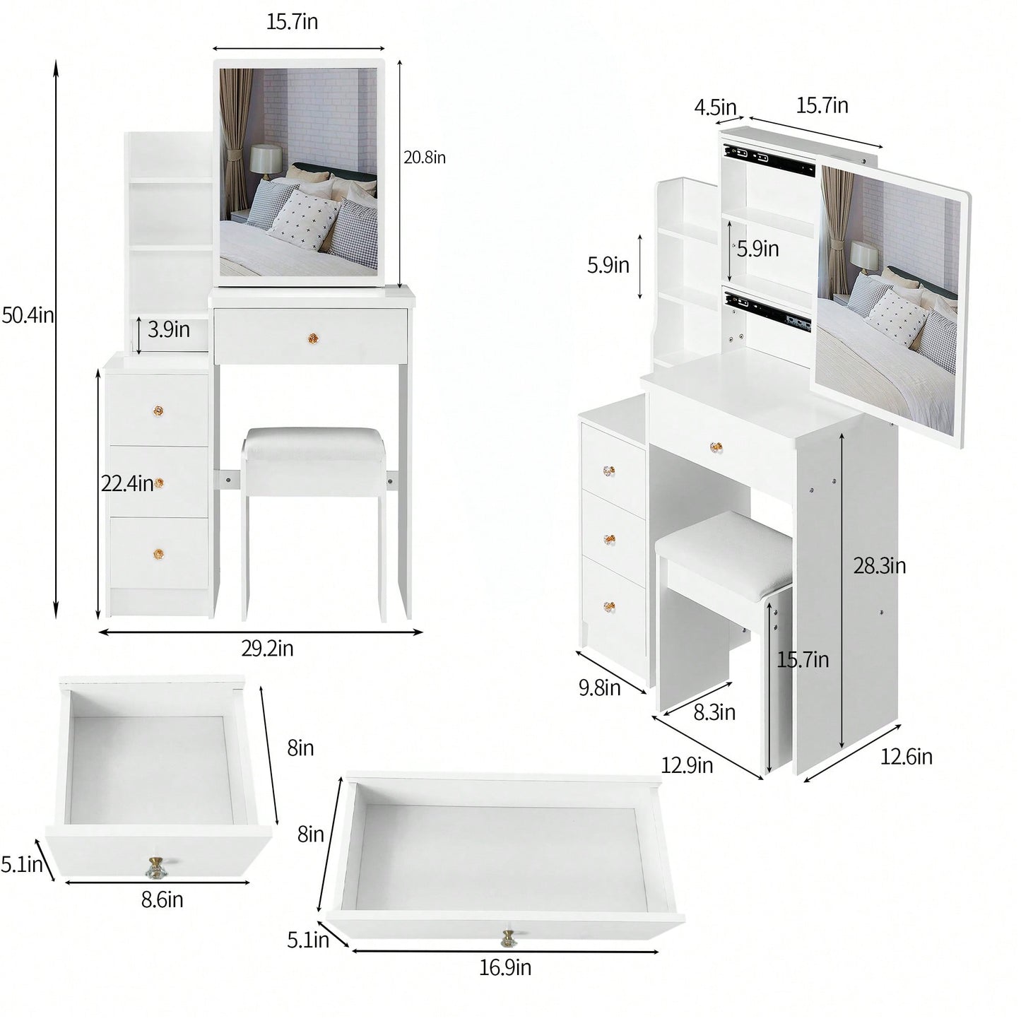 Compact Vanity Table with Cushioned Stool and Large Sliding Mirror Stylish Multi-Layer Dresser for High Capacity Storage Safe Certified