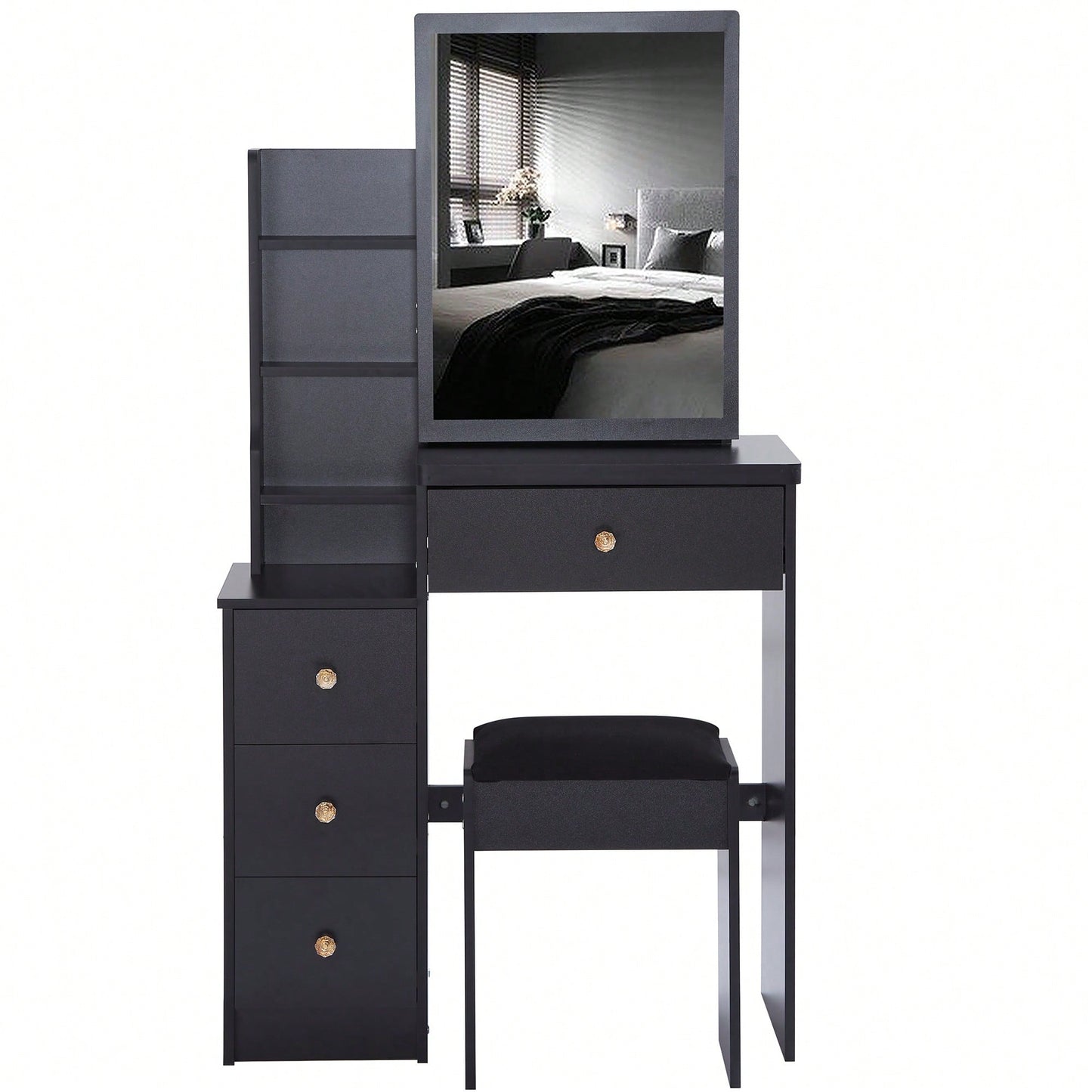 Compact Vanity Table with Cushioned Stool and Large Sliding Mirror Stylish Multi-Layer Dresser for High Capacity Storage Safe Certified