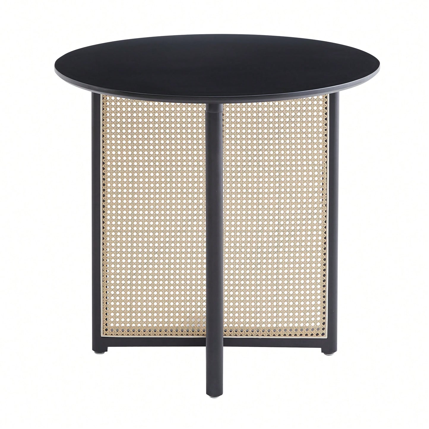 Solid Wood Round Dining Table With Rattan Accents For 2-4 People 31.5 Inch Diameter Black