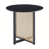 Solid Wood Round Dining Table With Rattan Accents For 2-4 People 31.5 Inch Diameter Black