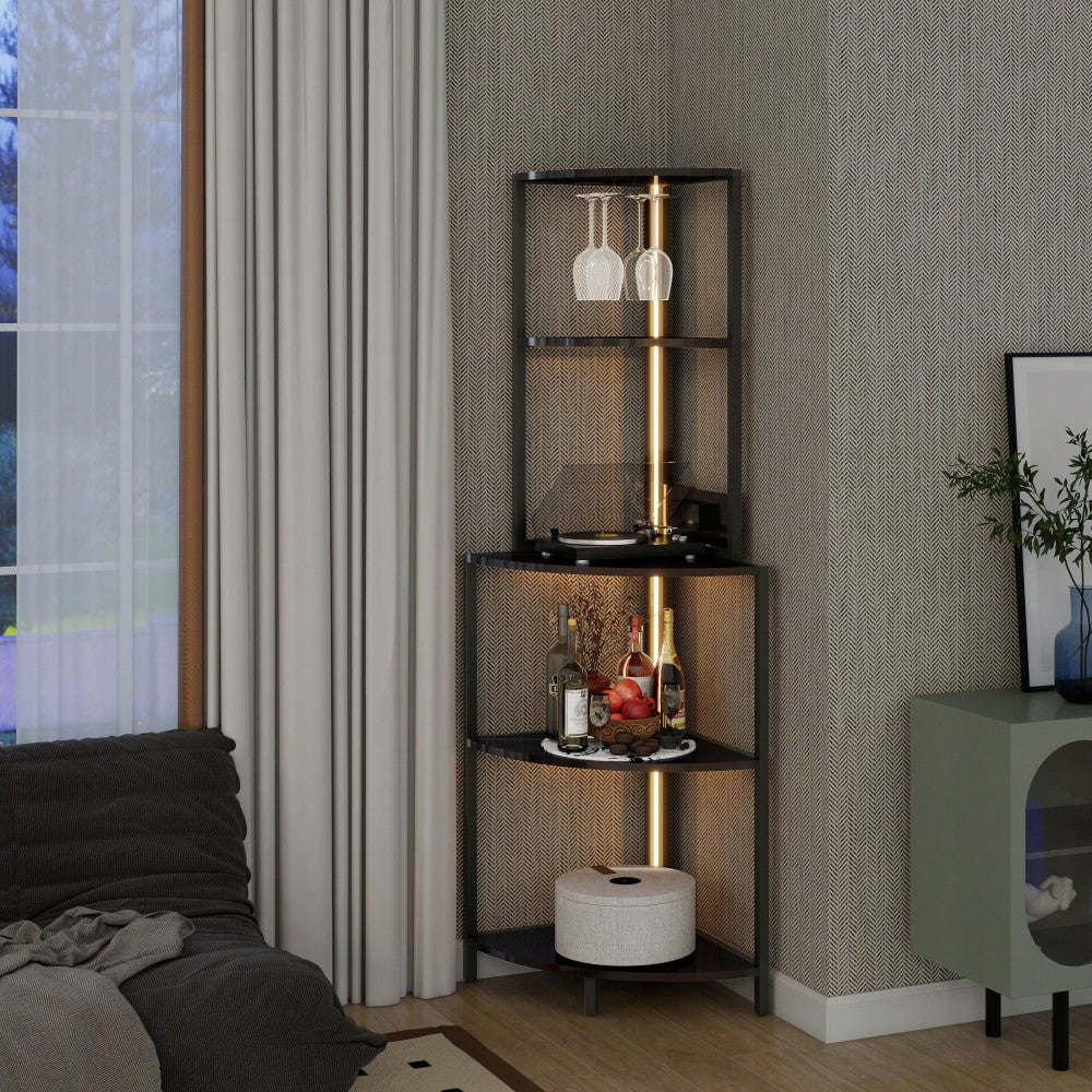 5 Tier Corner Shelf With LED Lighting And USB Charging, Tall Narrow Bookshelf With Glass Holder For Space-Saving Storage