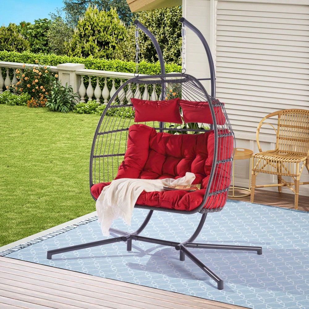 Cozy Two Person Outdoor Rattan Hanging Chair Wicker Egg Swing For Patio Relaxation