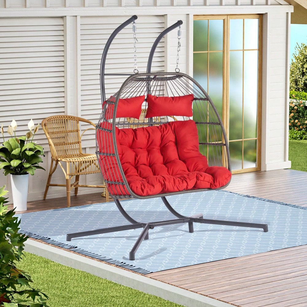 Cozy Two Person Outdoor Rattan Hanging Chair Wicker Egg Swing For Patio Relaxation