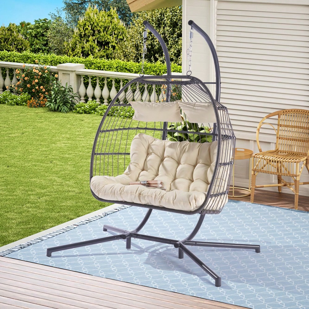 Cozy Two Person Outdoor Rattan Hanging Chair Wicker Egg Swing For Patio Relaxation