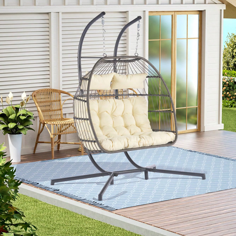 Cozy Two Person Outdoor Rattan Hanging Chair Wicker Egg Swing For Patio Relaxation