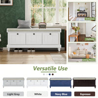 Cushioned Storage Bench With Three Drawers For Entryway And Living Room In Light Gray