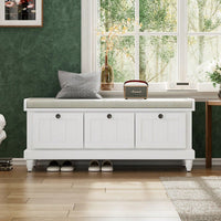 Cushioned Storage Bench With Three Drawers For Entryway And Living Room In Light Gray