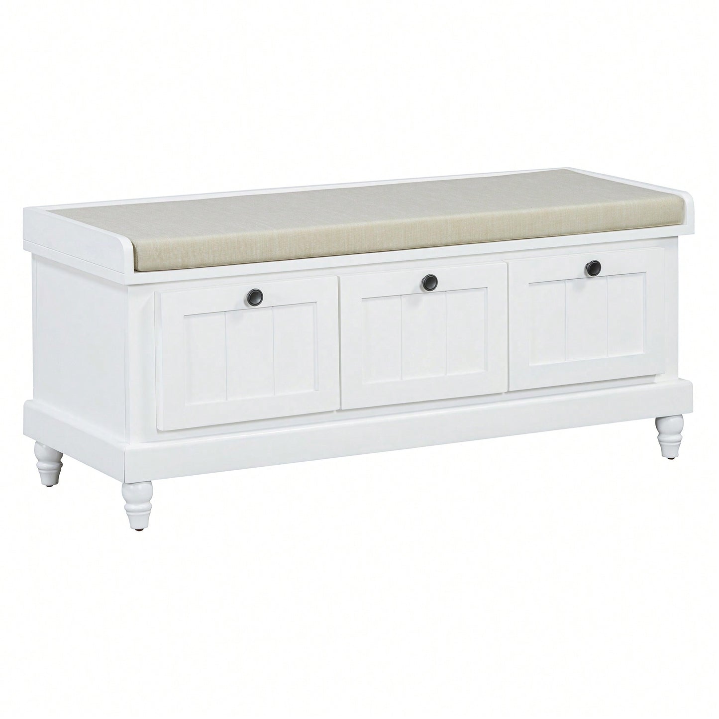 Cushioned Storage Bench With Three Drawers For Entryway And Living Room In Light Gray