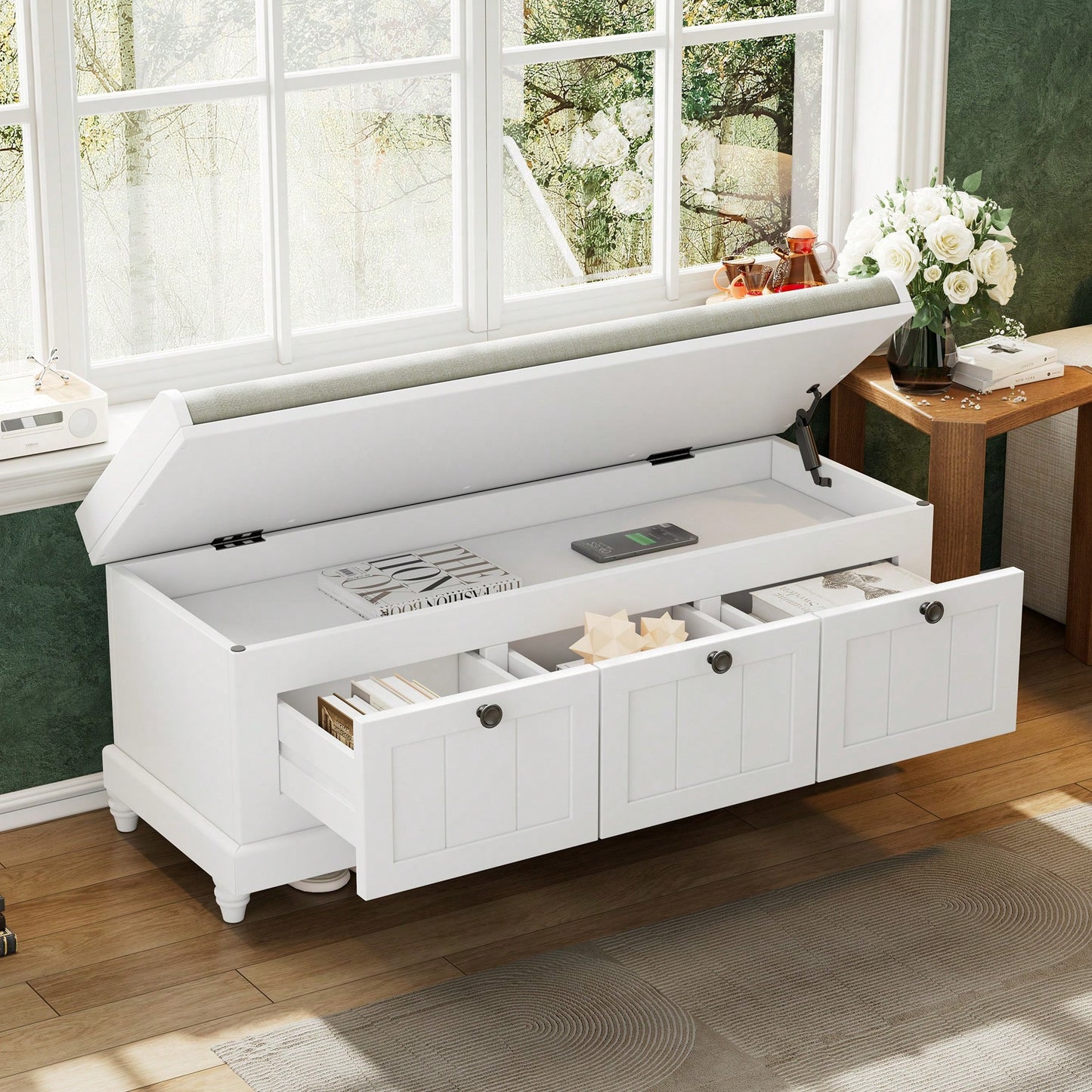 Cushioned Storage Bench With Three Drawers For Entryway And Living Room In Light Gray