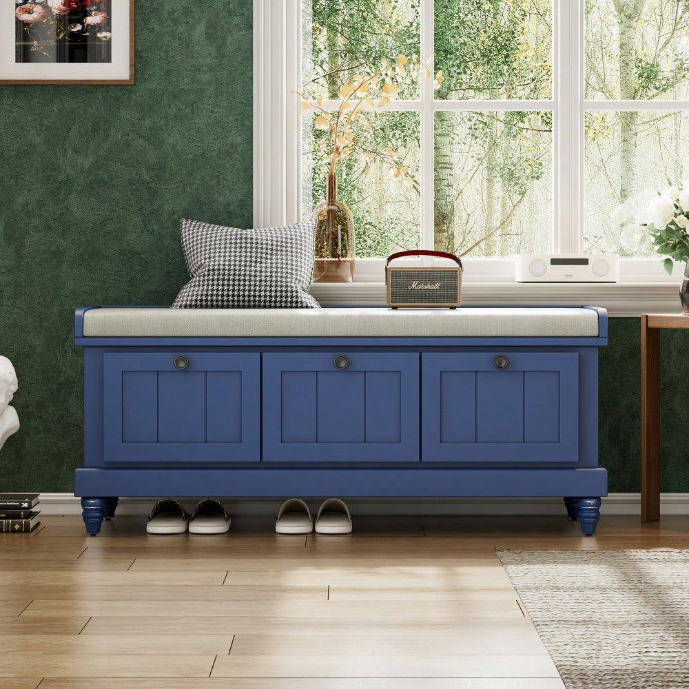 Cushioned Storage Bench With Three Drawers For Entryway And Living Room In Light Gray