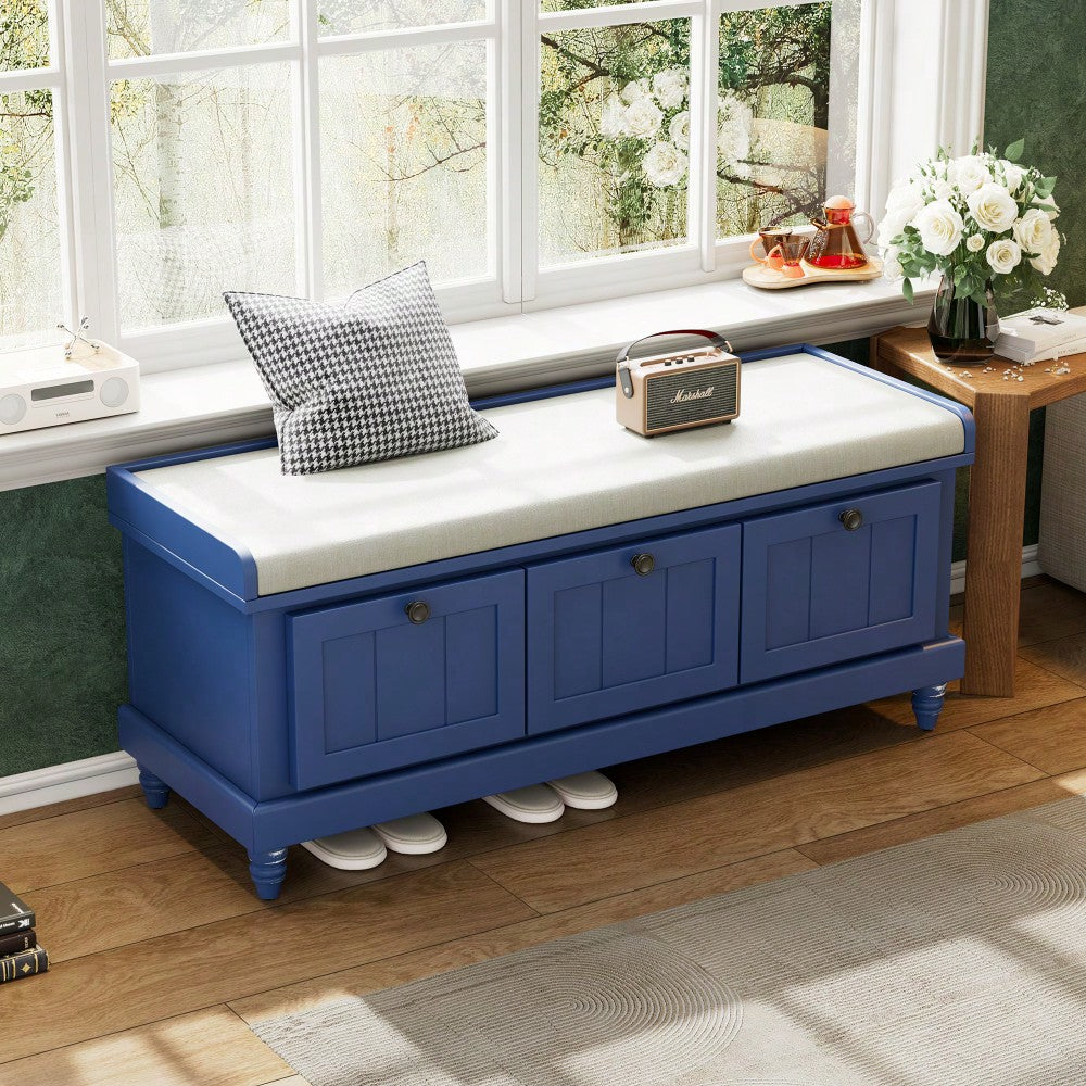 Cushioned Storage Bench With Three Drawers For Entryway And Living Room In Light Gray