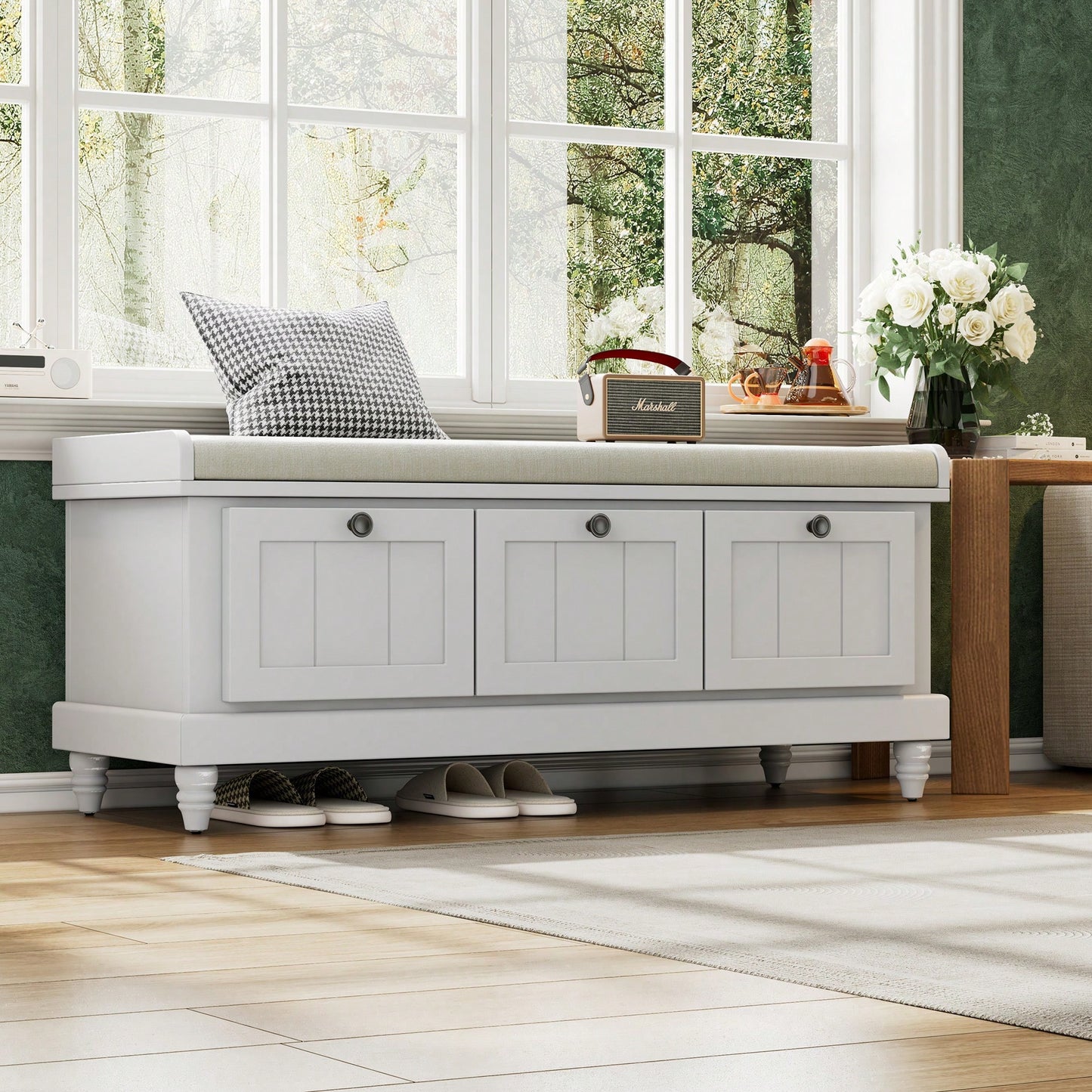 Cushioned Storage Bench With Three Drawers For Entryway And Living Room In Light Gray