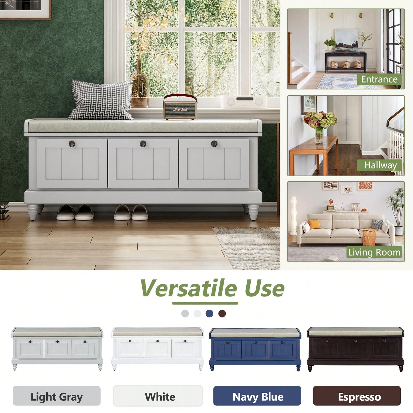 Cushioned Storage Bench With Three Drawers For Entryway And Living Room In Light Gray