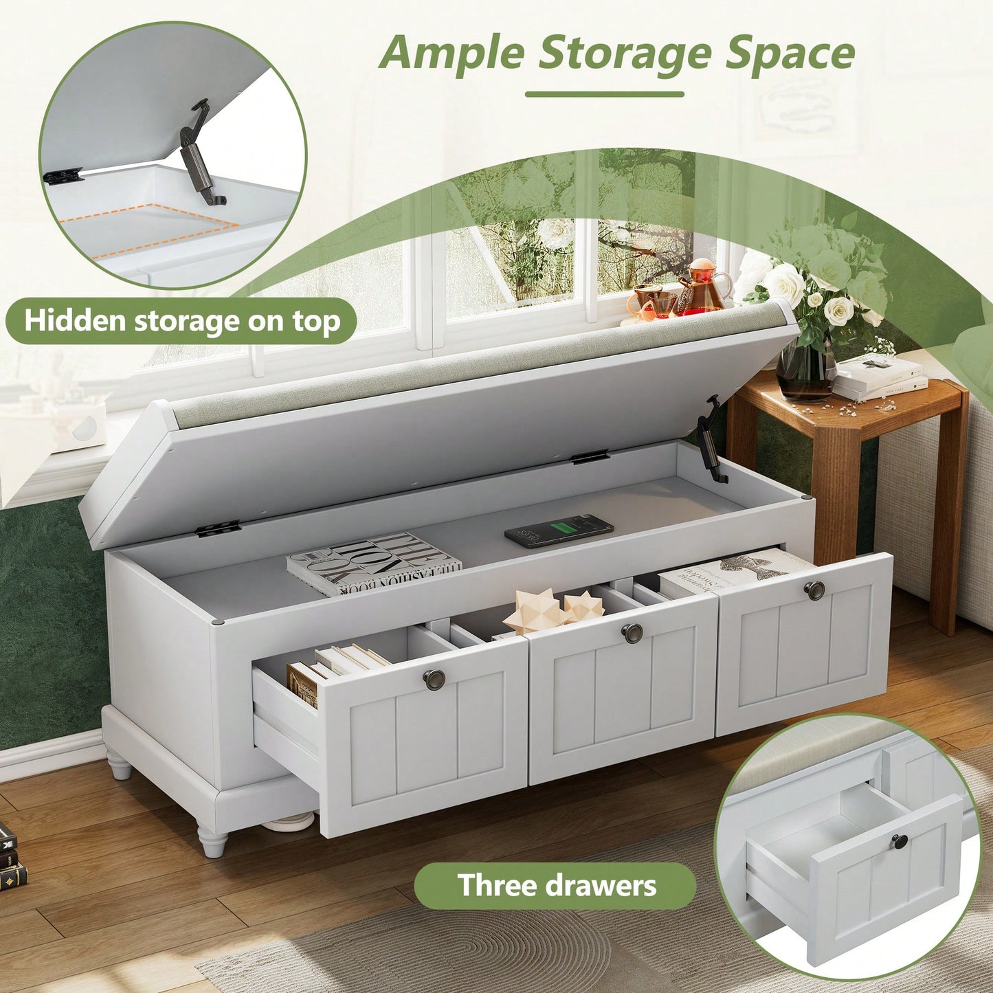 Cushioned Storage Bench With Three Drawers For Entryway And Living Room In Light Gray