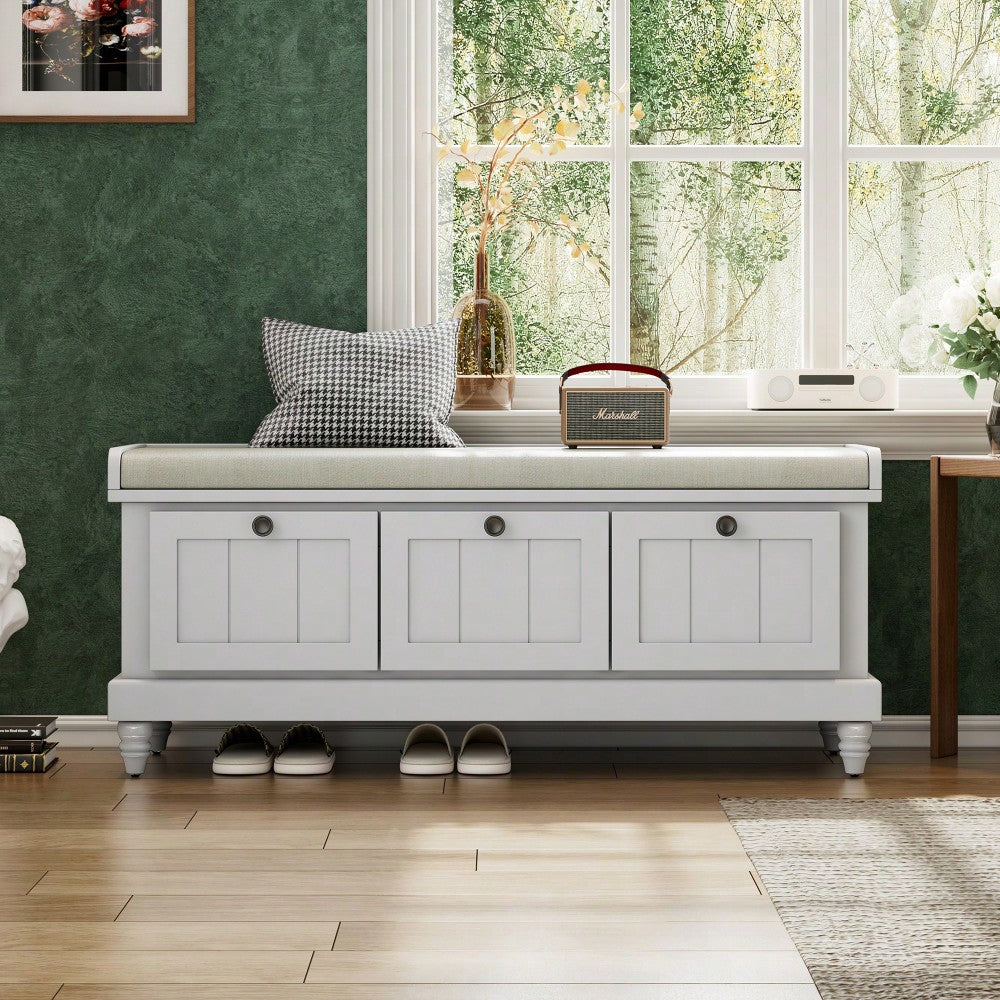 Cushioned Storage Bench With Three Drawers For Entryway And Living Room In Light Gray