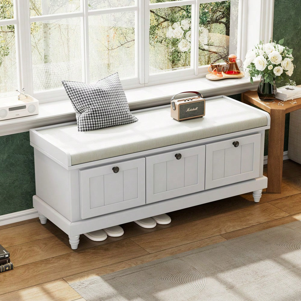 Cushioned Storage Bench With Three Drawers For Entryway And Living Room In Light Gray