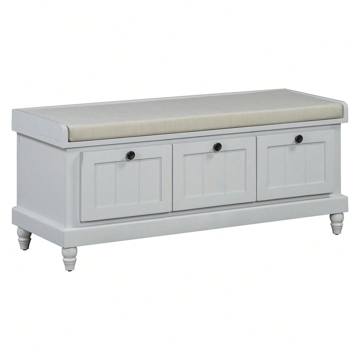 Cushioned Storage Bench With Three Drawers For Entryway And Living Room In Light Gray