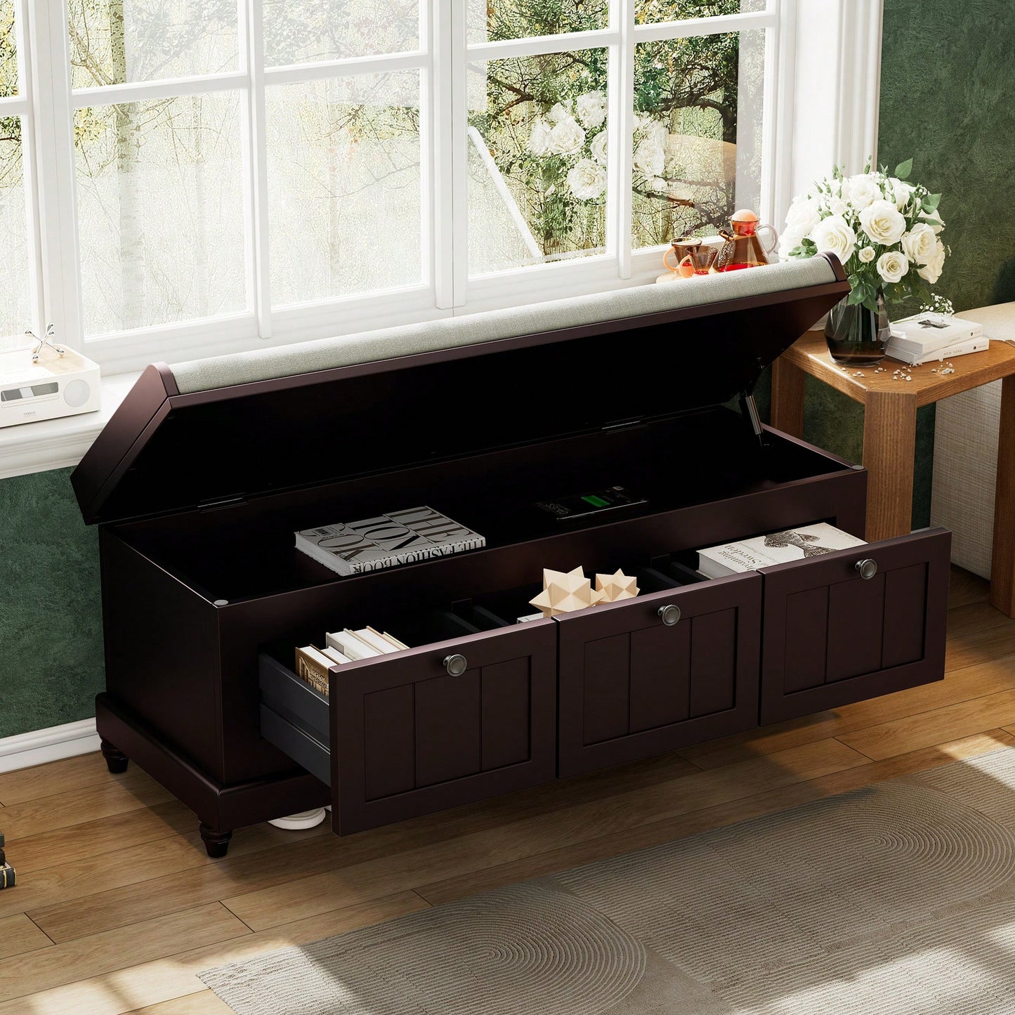 Cushioned Storage Bench With Three Drawers For Entryway And Living Room In Light Gray