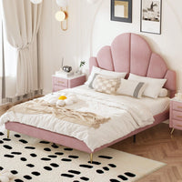 Elegant Pink Velvet Queen Size Upholstered Bed Frame With Petal Shape Headboard Modern Design