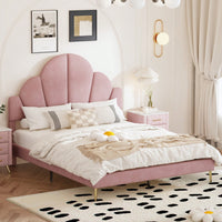 Elegant Pink Velvet Queen Size Upholstered Bed Frame With Petal Shape Headboard Modern Design