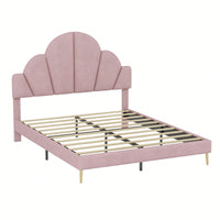 Elegant Pink Velvet Queen Size Upholstered Bed Frame With Petal Shape Headboard Modern Design