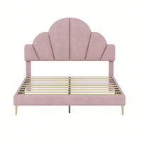 Elegant Pink Velvet Queen Size Upholstered Bed Frame With Petal Shape Headboard Modern Design