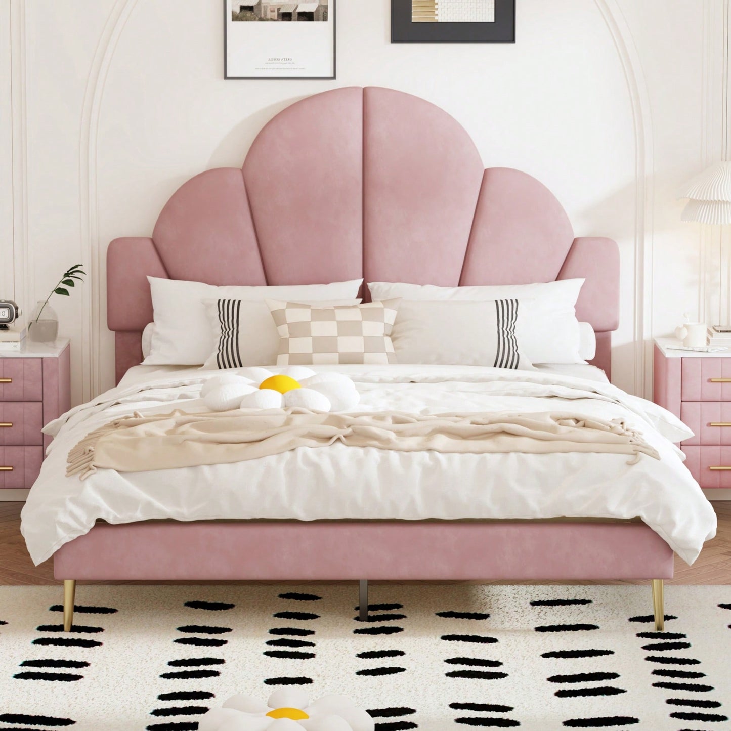 Elegant Pink Velvet Queen Size Upholstered Bed Frame With Petal Shape Headboard Modern Design