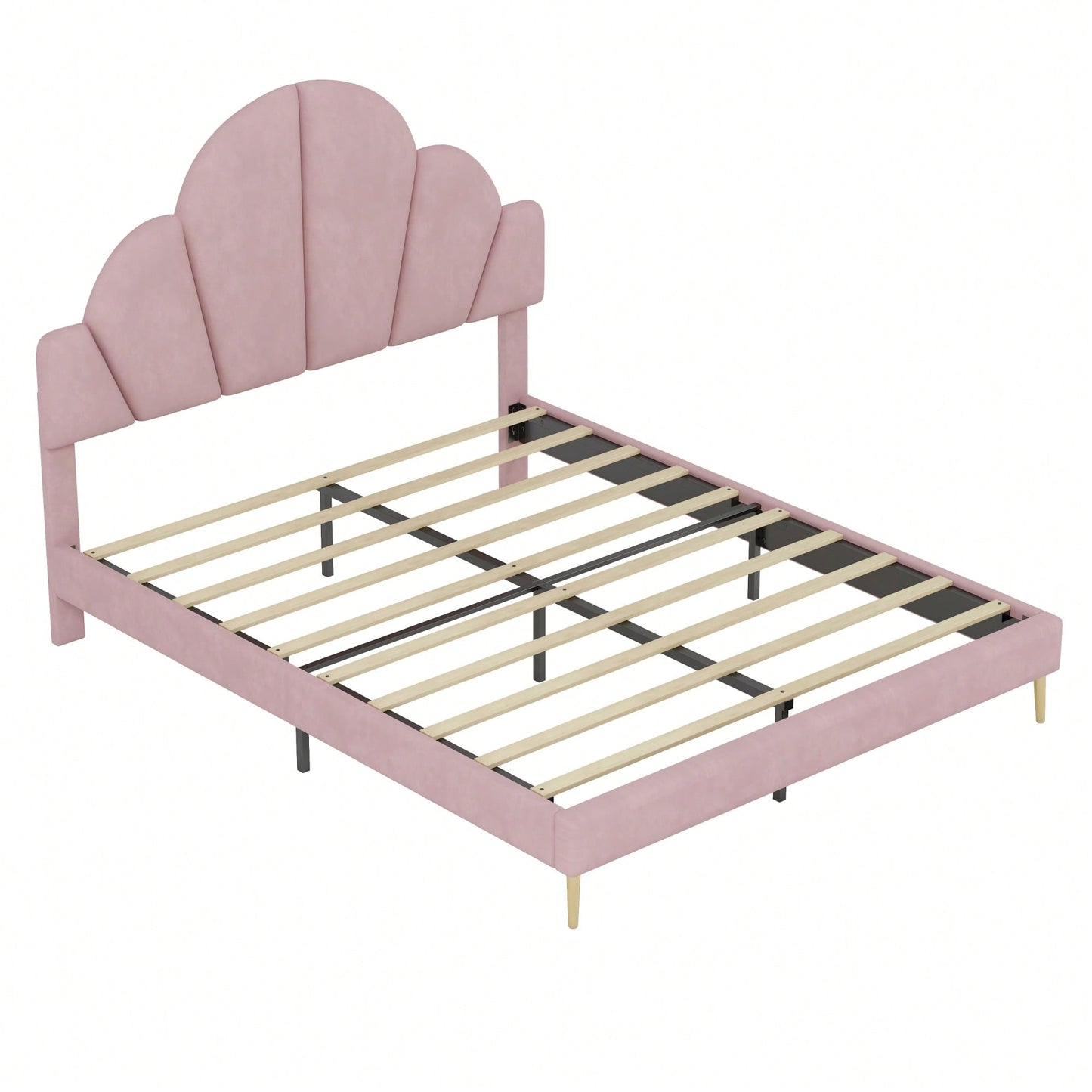 Elegant Pink Velvet Queen Size Upholstered Bed Frame With Petal Shape Headboard Modern Design