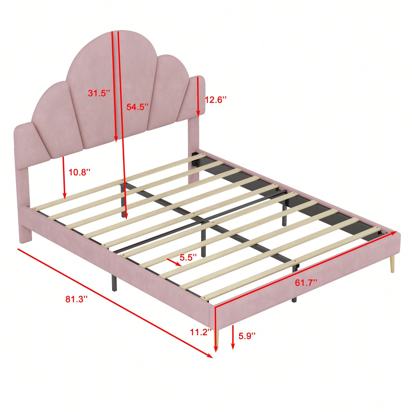 Elegant Pink Velvet Queen Size Upholstered Bed Frame With Petal Shape Headboard Modern Design