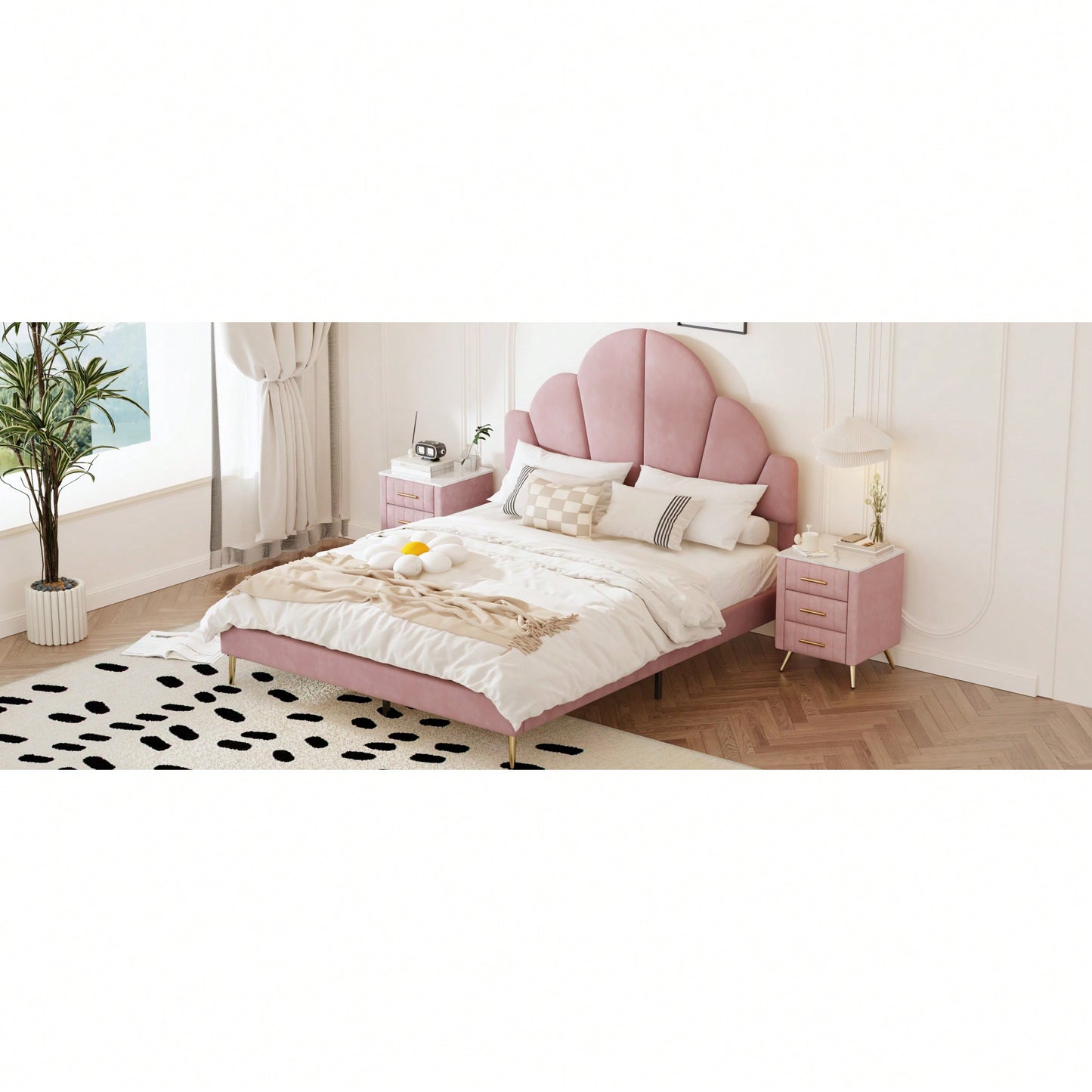 Elegant Pink Velvet Queen Size Upholstered Bed Frame With Petal Shape Headboard Modern Design