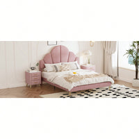 Elegant Pink Velvet Queen Size Upholstered Bed Frame With Petal Shape Headboard Modern Design