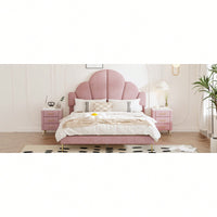 Elegant Pink Velvet Queen Size Upholstered Bed Frame With Petal Shape Headboard Modern Design