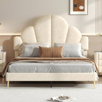 Elegant Pink Velvet Queen Size Upholstered Bed Frame With Petal Shape Headboard Modern Design