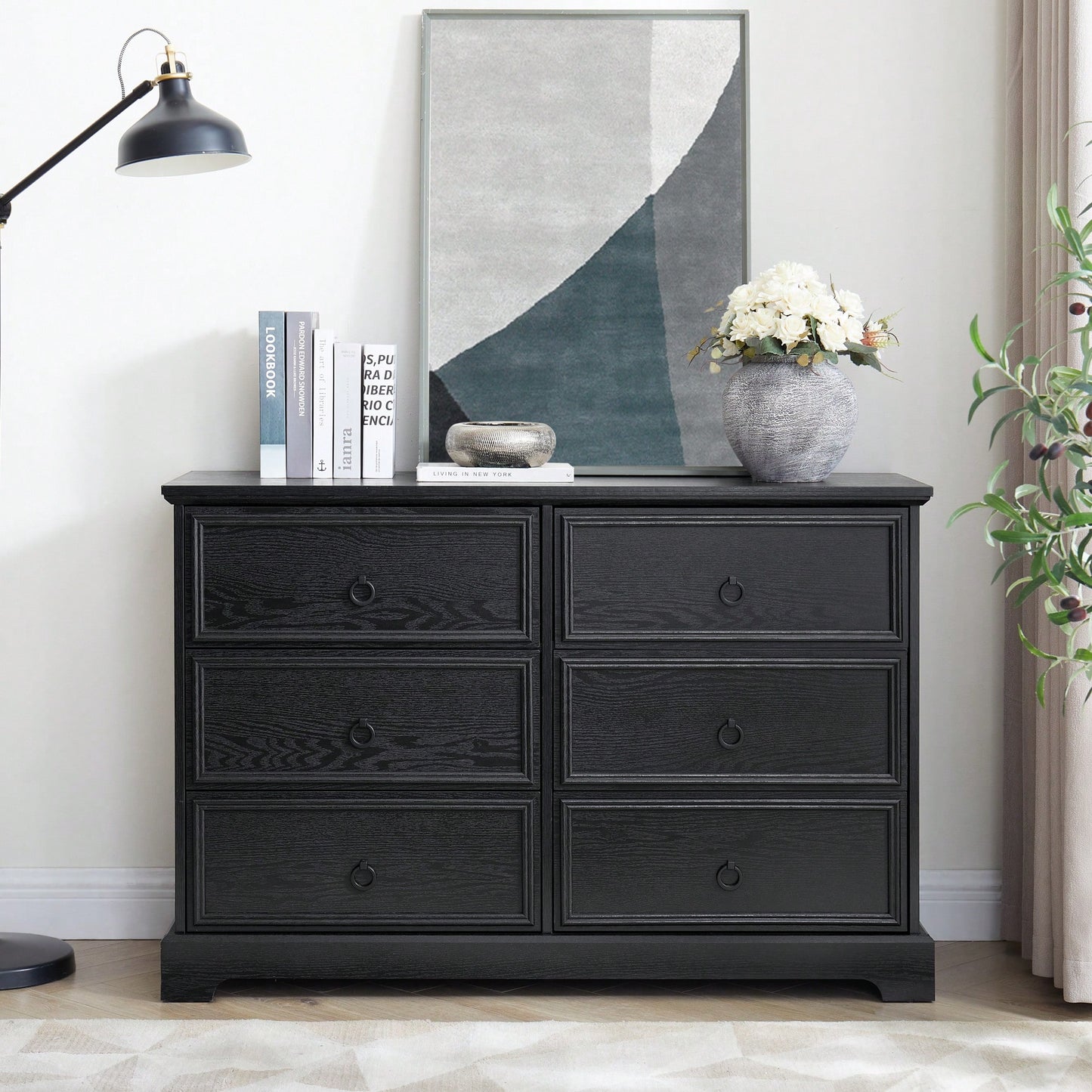 Stylish 6-Drawer Wooden Dresser For Bedroom Storage Black Finish Modern Farmhouse Design