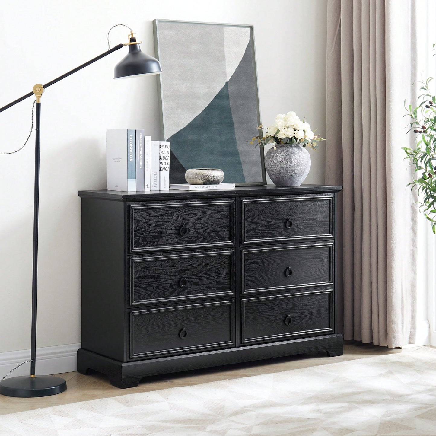 Stylish 6-Drawer Wooden Dresser For Bedroom Storage Black Finish Modern Farmhouse Design