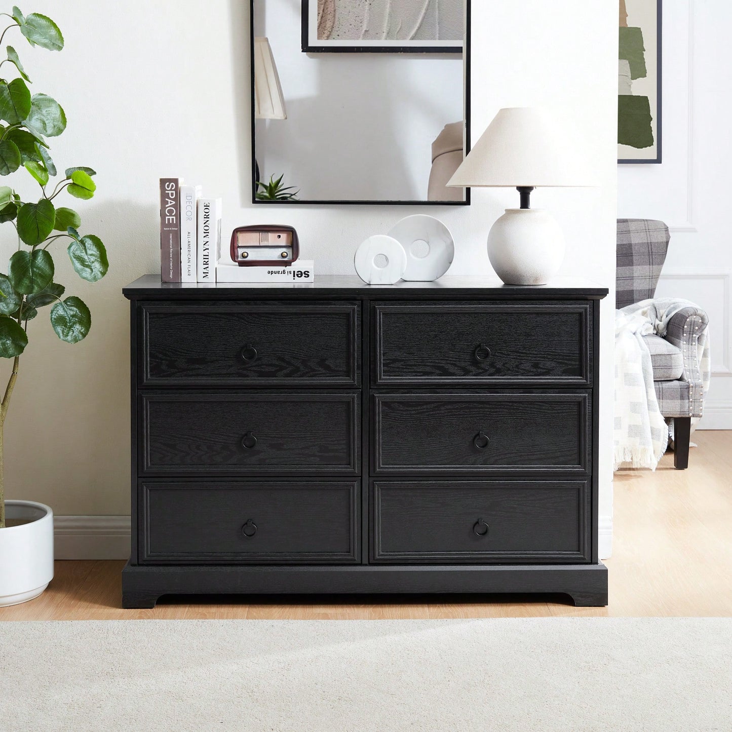 Stylish 6-Drawer Wooden Dresser For Bedroom Storage Black Finish Modern Farmhouse Design