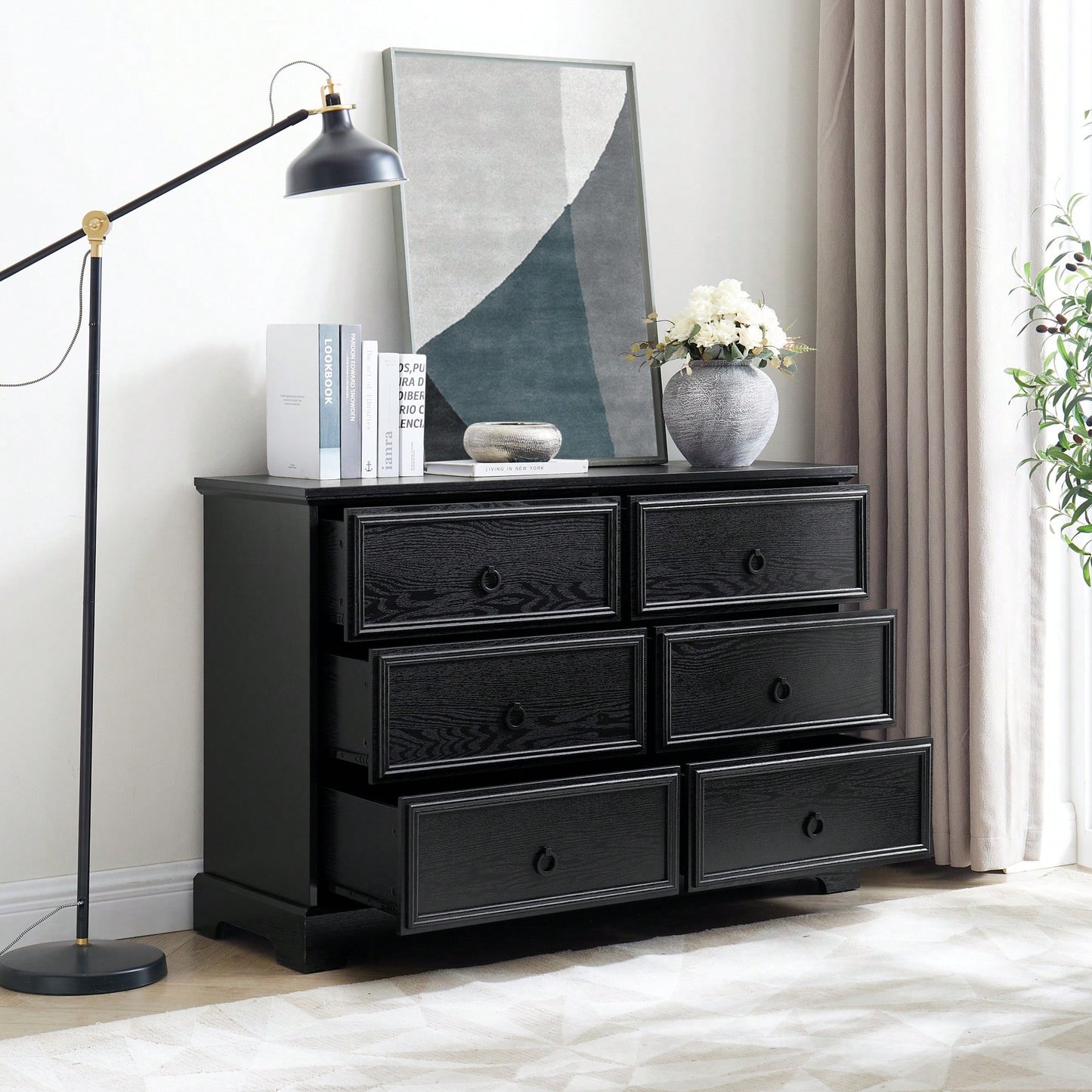 Stylish 6-Drawer Wooden Dresser For Bedroom Storage Black Finish Modern Farmhouse Design