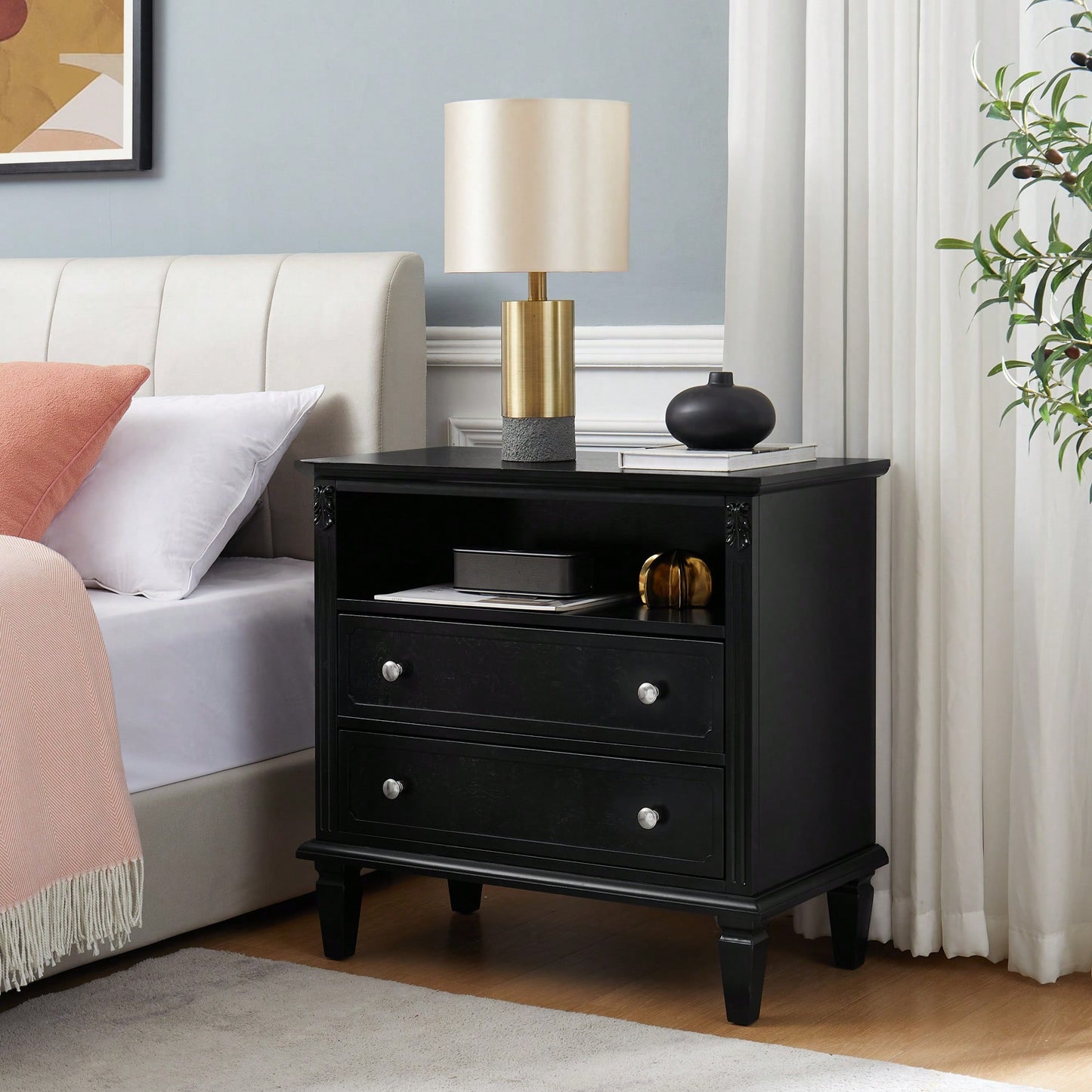 Farmhouse Nightstand with Charging Station USB Ports 2 Drawer End Table Solid Wood Legs Fluted Pilasters Design for Bedroom