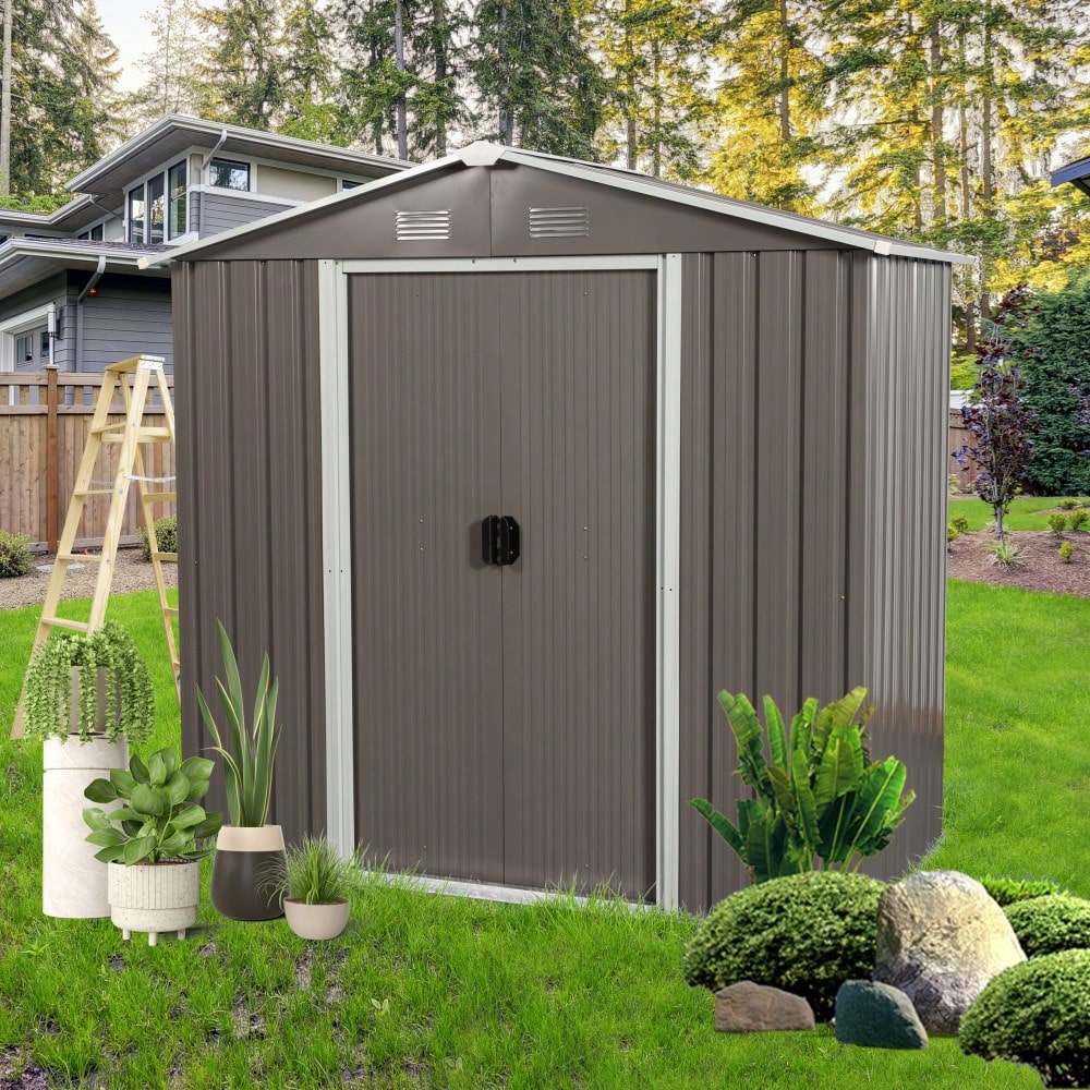 8ft X 4ft Outdoor Metal Storage Shed With Foundation In Gray For Garden And Yard Organization