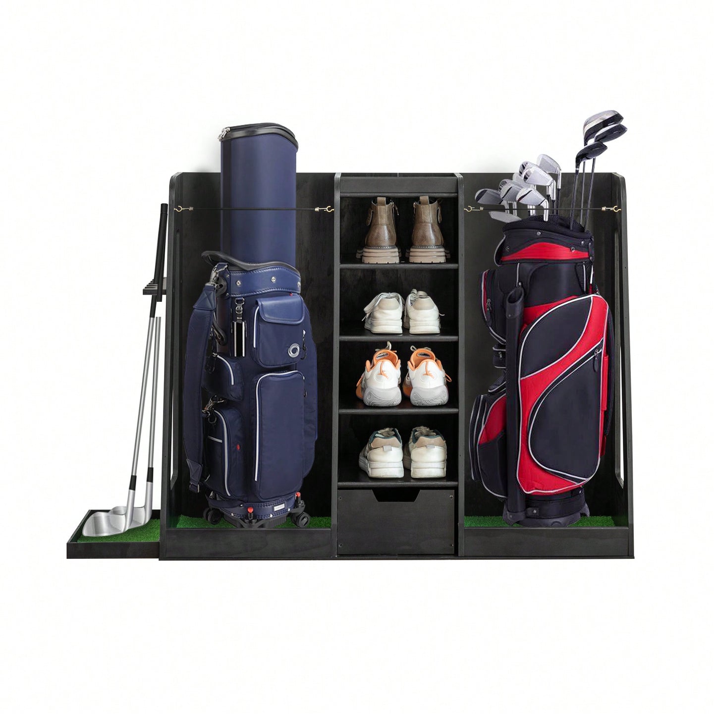 Wooden Golf Bag Organizer and Storage Rack with Drawers Easy Assembly Golf Club Holder Stand Side Holders Black Finish 55.5x16x37 Inches